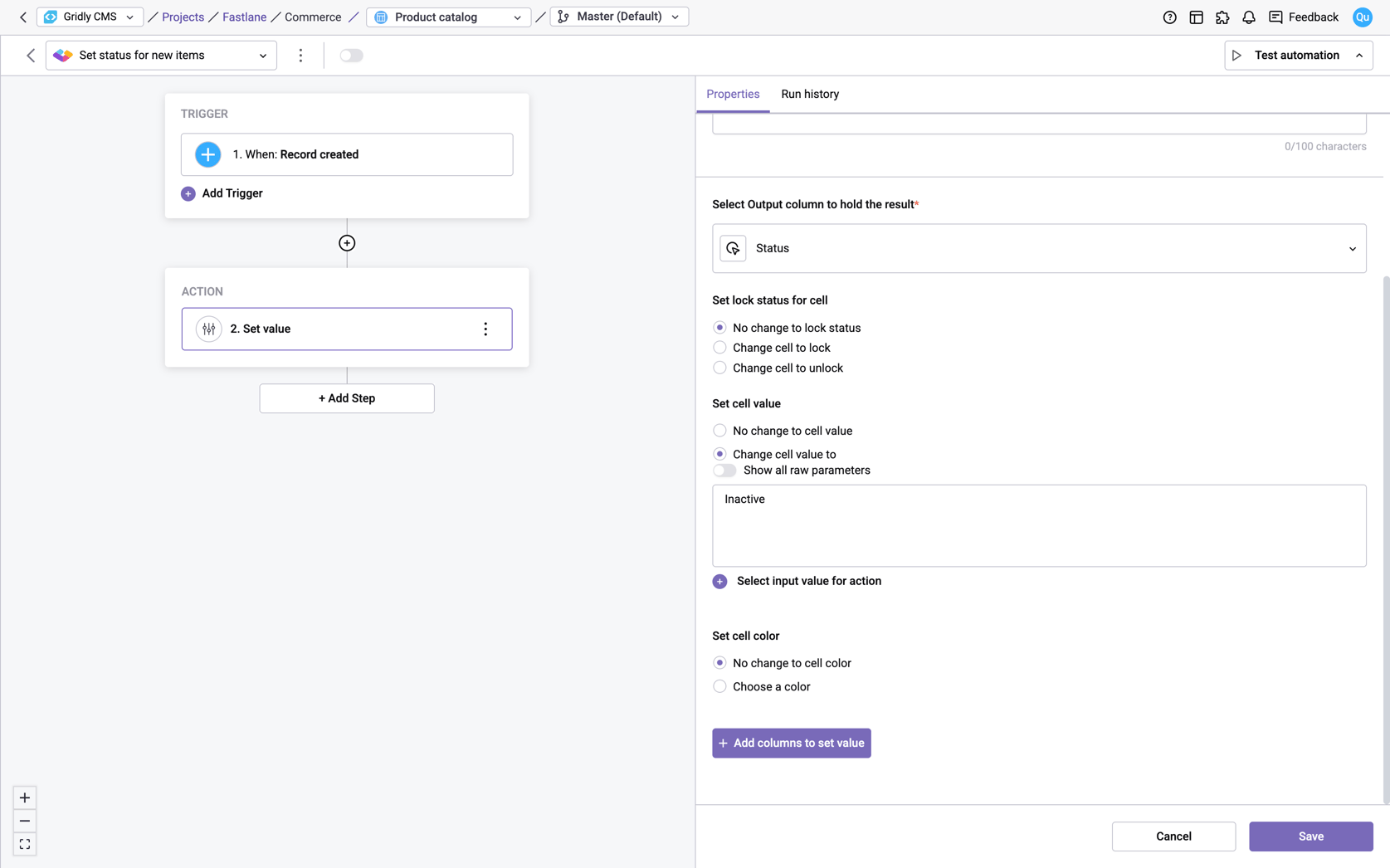 Automation action: Set value